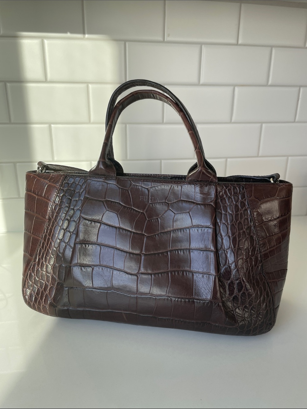 Furla Croc-Embossed Chocolate Brown Tote